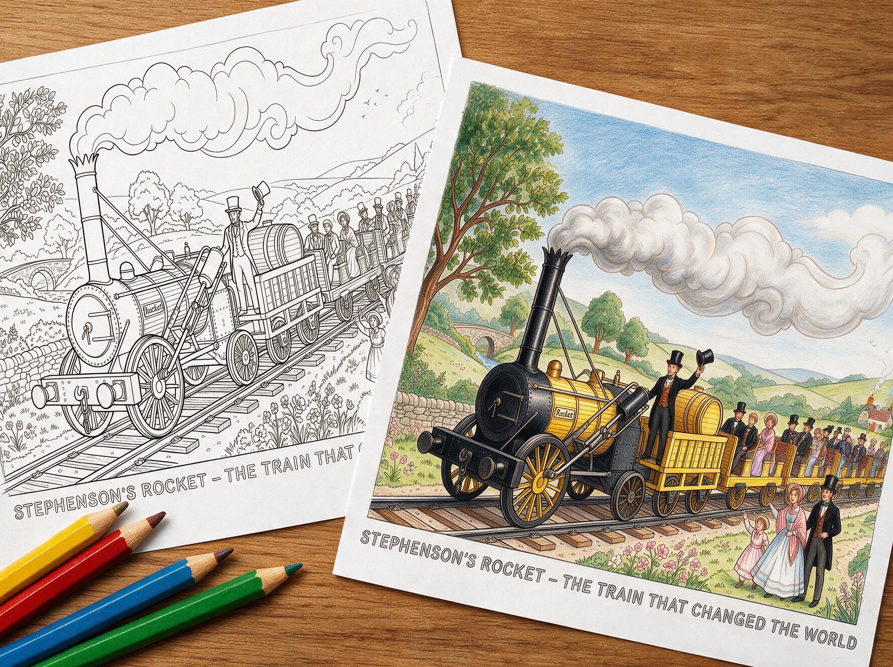 Stephenson's Rocket colouring illustration available for free download